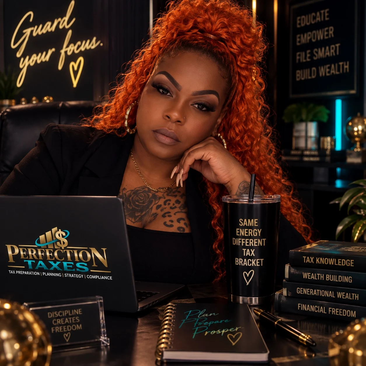 Ophelia, owner of Perfection Taxes, seated at her desk in a branded office.